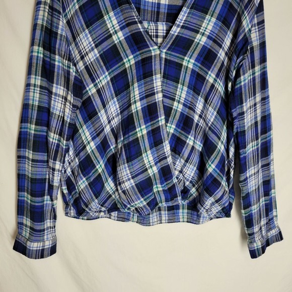 Gap Women's Long Sleeve Shirt Blue White Plaid Elastic Waist V Neck Size Medium - Picture 3 of 7